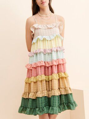Sweet en Forme / Anthropologie Plaid Rainbow Colorblock Tiered Midi Dress